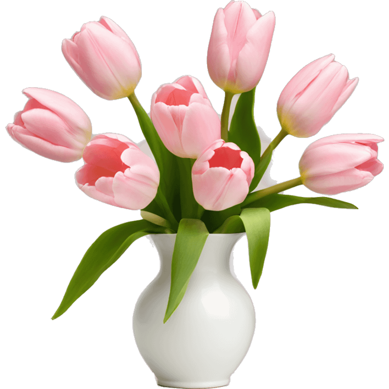 Light pink tulips in white vase in bow  emoji