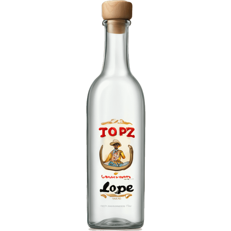 Long cylindrical tequila blanco bottle with the text "lopez" clearly written in the middle of the label and a light wood cap emoji