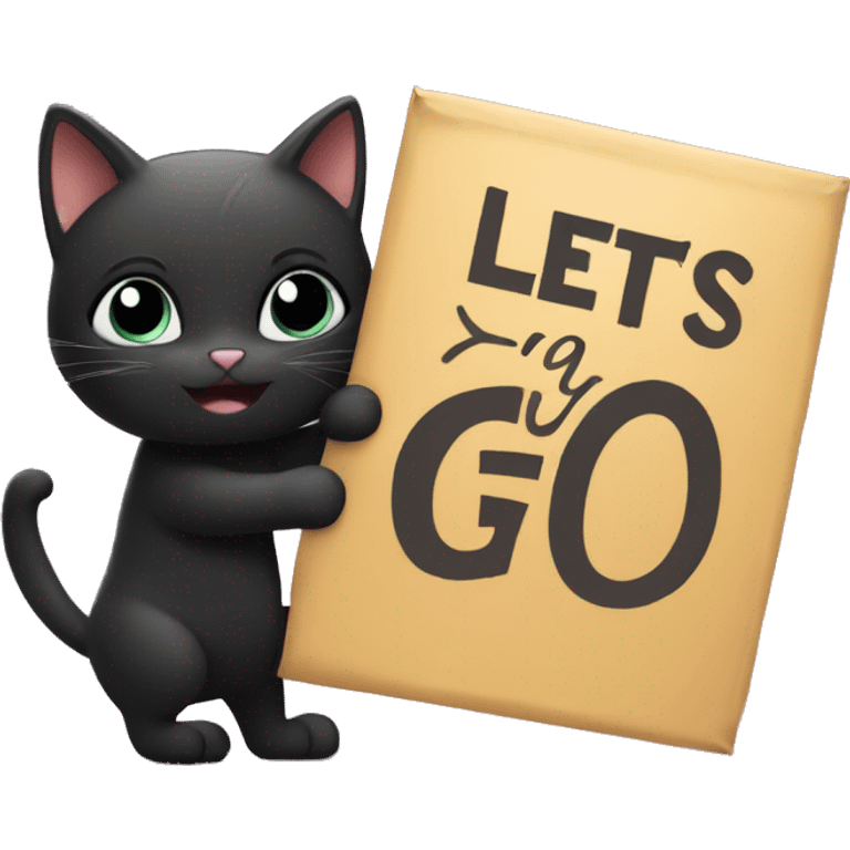 Black cat holding a sign that says “LETS GO!!”  emoji