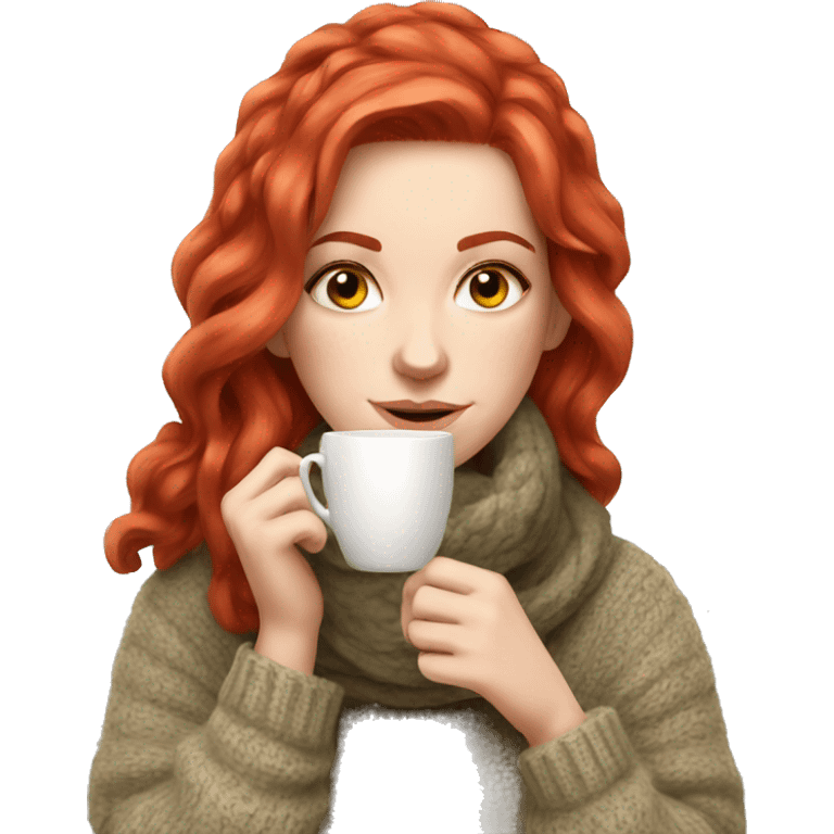 White girl red hair in a sweater and scarf sipping tea  emoji