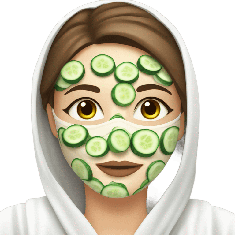 White girl with Brown hair and blue eyes wears a Green colored skincare clay textured mask and puts on cucumbers around her eyes while She relaxes in her white Robe emoji