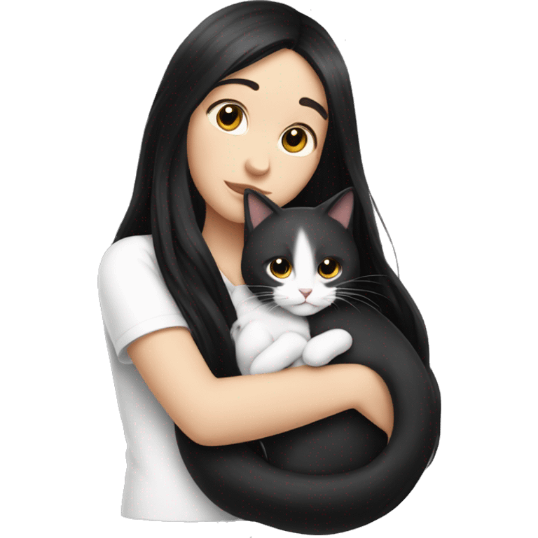 girl with very long black hair and  hugging a white cat emoji