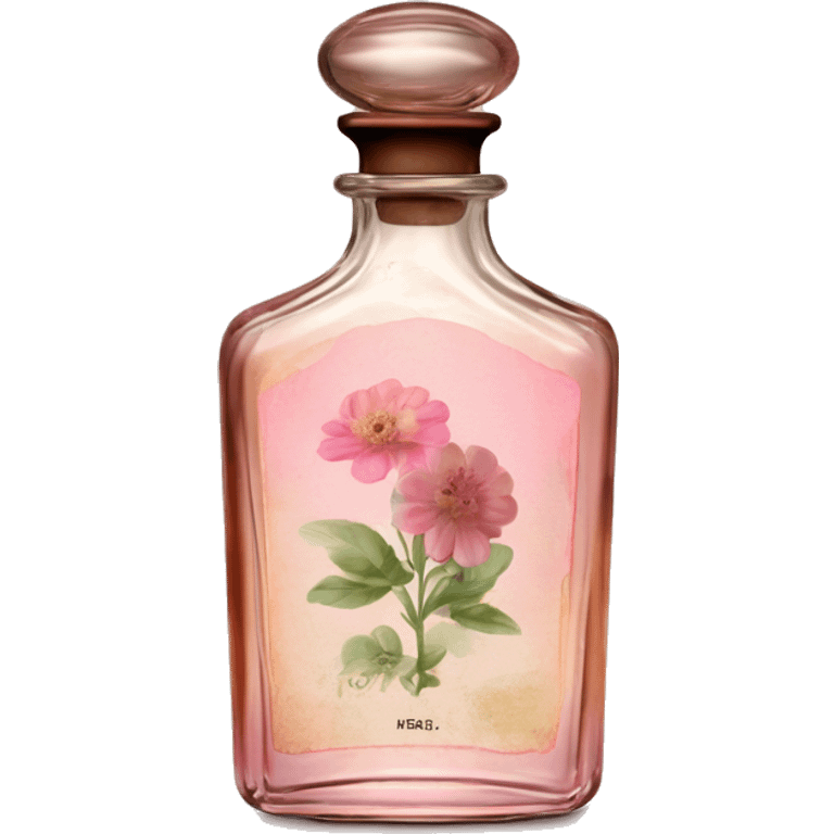 English vintage glass perfume bottle from my aristocratic grandmother, exquisite bottle shape, old and shabby, with label, stylish and minimalistic, brown with pink gradient, with little herbal and flowers  emoji