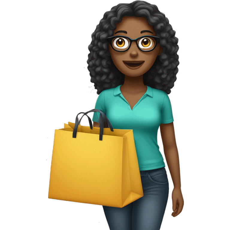 mulher branca com óculos preto com sacolas de compras emoji