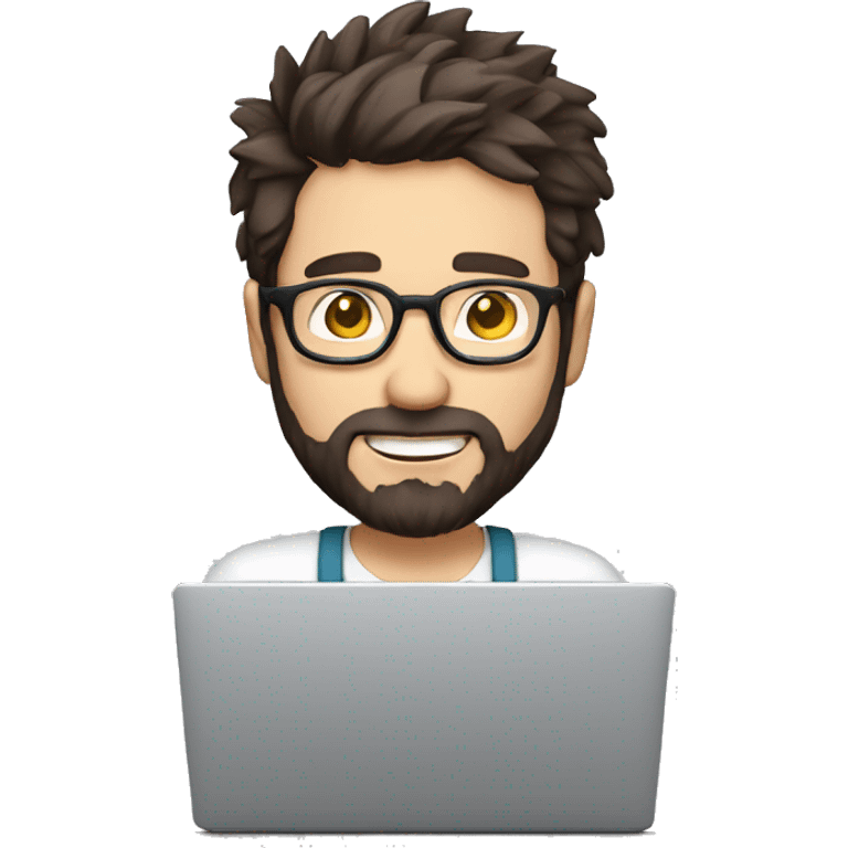 man with light skin, short messy hair, dark brown hair, with round glasses, with a beard and a short nose. Happy computer technician with a laptop emoji