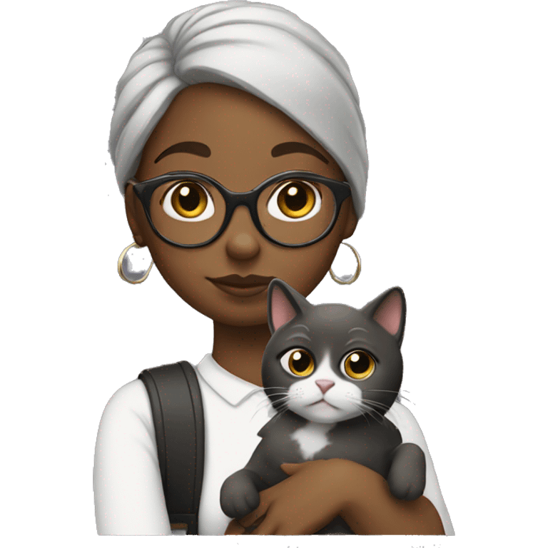 Black girl wears glasses holding a cat on her shoulder  emoji