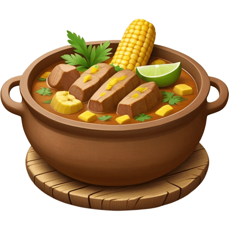 Cinematic Realistic Sancocho Antioqueño Emoji, depicting a hearty Colombian stew brimming with tender cuts of meat, yuca, plantains, corn on the cob, and potatoes in a rich, flavorful broth. Served in a rustic clay bowl with fresh cilantro and lime on the side, rendered with warm, inviting textures and homely, comforting lighting. emoji