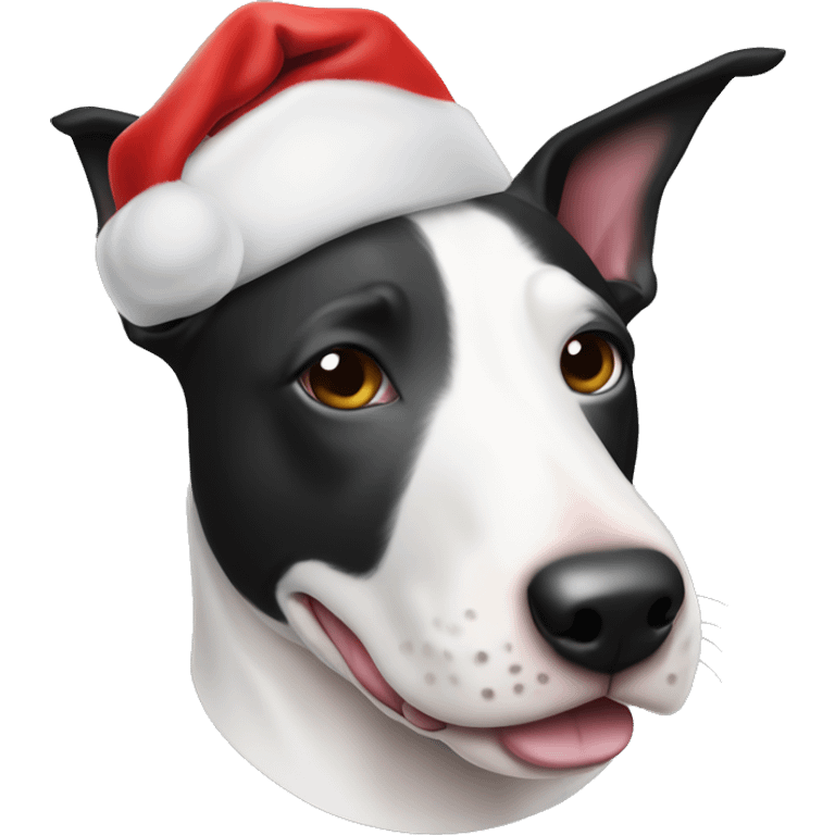 Black and white Bull terrier head with Santa hat emoji