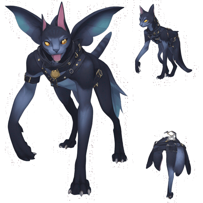 cool punk kawaii anime edgy distinguished pretty elegant beautiful fantasy black ethereal nargacuga-Noivern-sphynx-Quiana-Fakemon collar harness belt pouches full body emoji