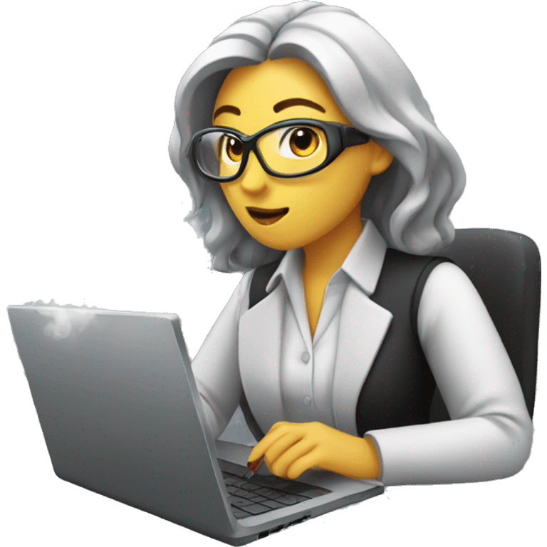 female technologist working on a laptop that is smoking (as in working hard) emoji