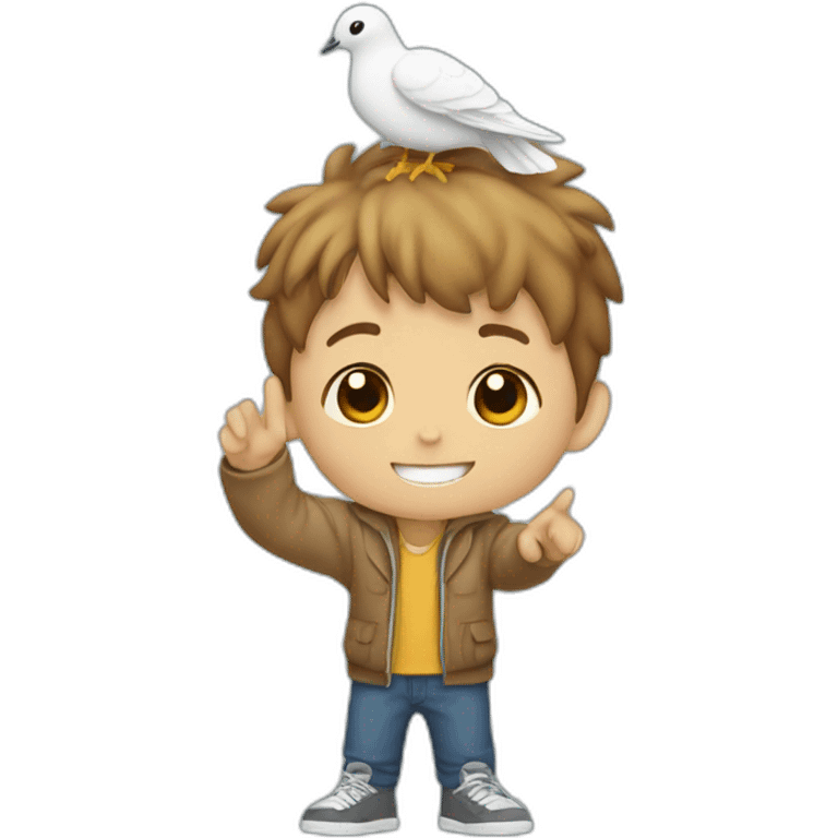 boy with a dove on top of his head and having peace sign hand and only the head of the boy emoji