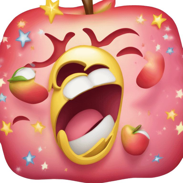 A classic apple emoji, tongue out and mouth wide open on a smile, dizzy eyes, and swirling stars around their head. Tilted 45 degrees emoji