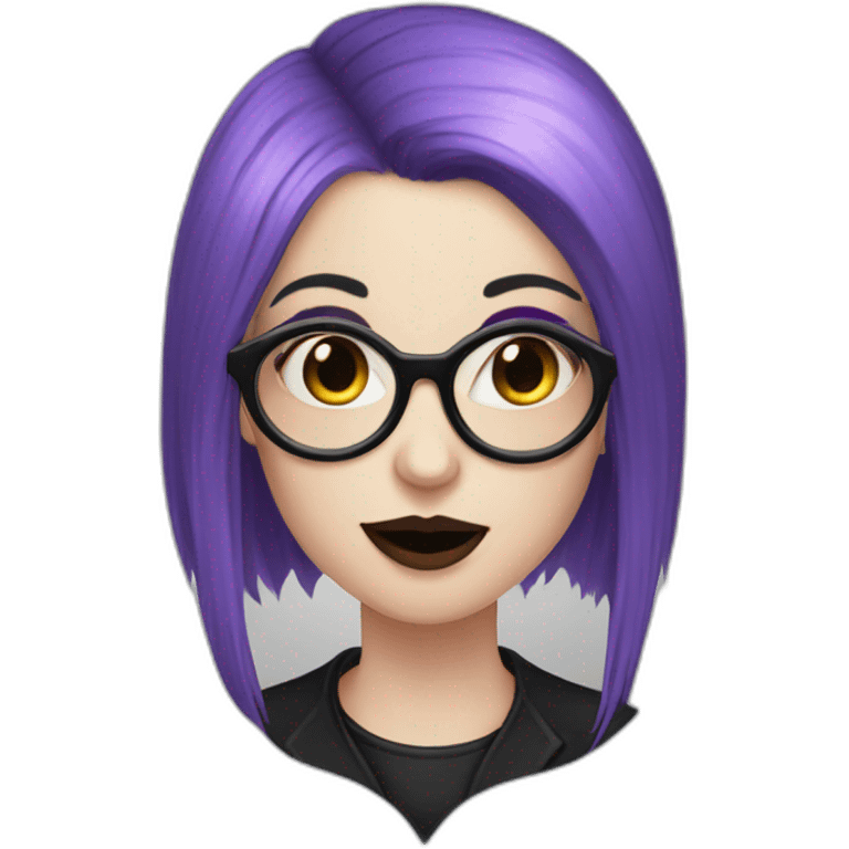 goth woman with long side parted purple hair and oval glasses, pale skin, sticking out tongue emoji