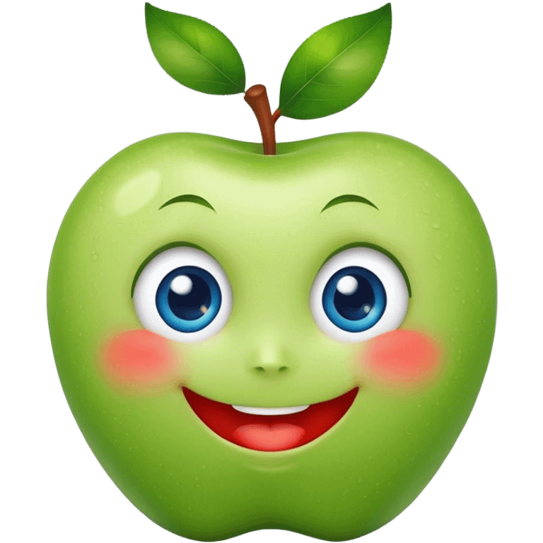 A cute green apple with a big smile and blue expressive big eyes emoji