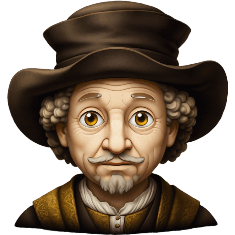 Cinematic Realistic Rembrandt Portrait Emoji, depicted as a master painter with deep reflective eyes and dramatic chiaroscuro, rendered with intricate textures and moody historic lighting that captures his timeless artistry. emoji