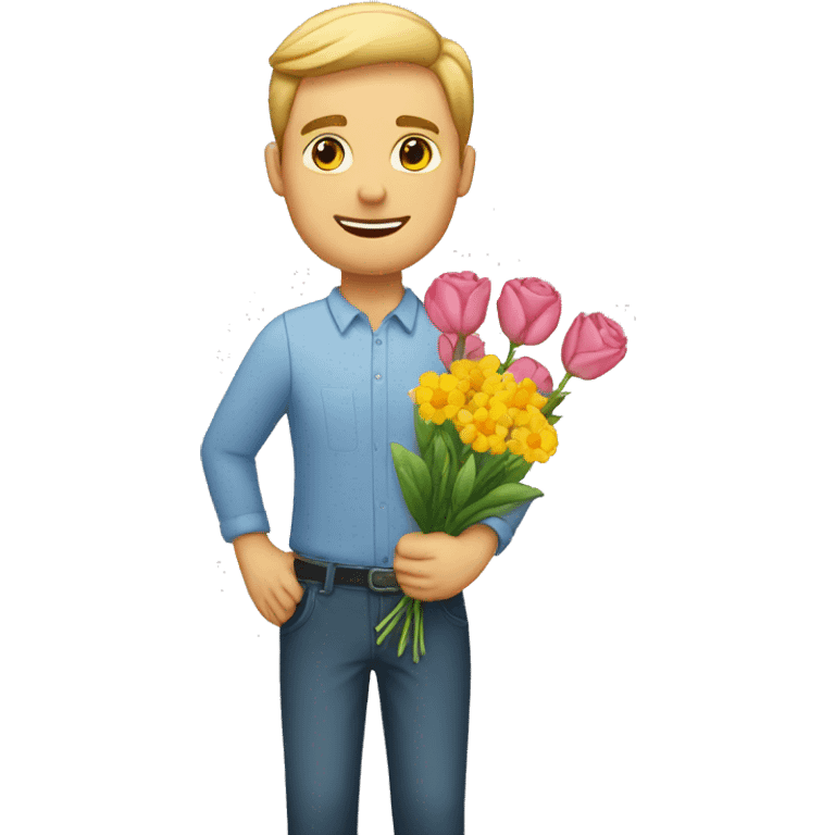 White man holding flowers and a sign where it says "Julia<3" emoji