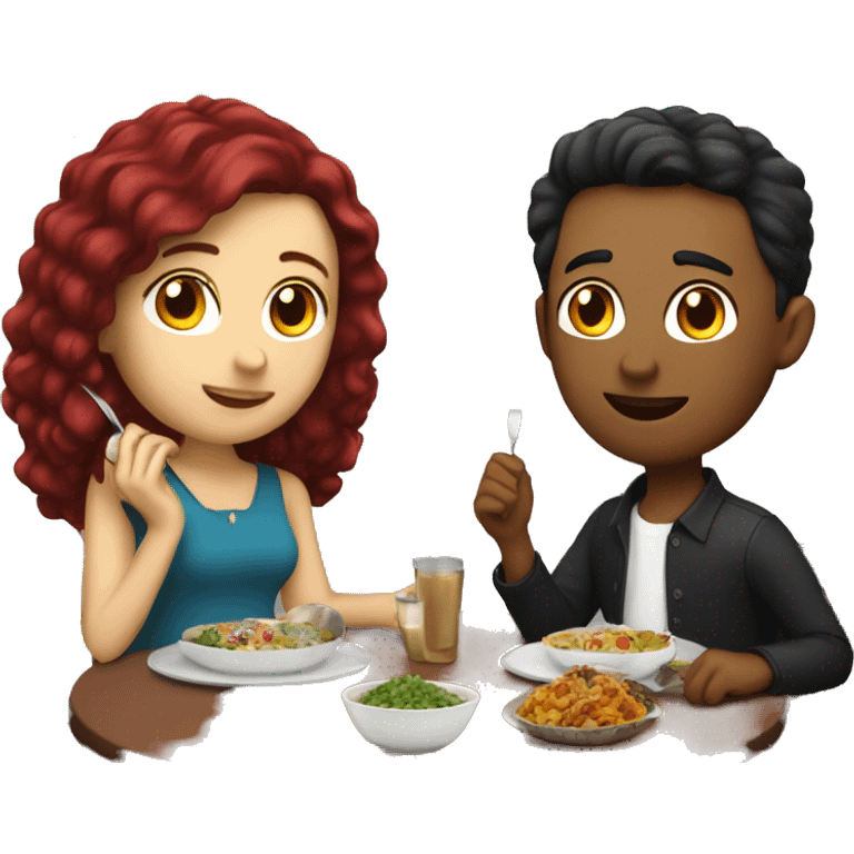 Girl with burgundy hair and brunette guy sitting at the table eating dinner emoji