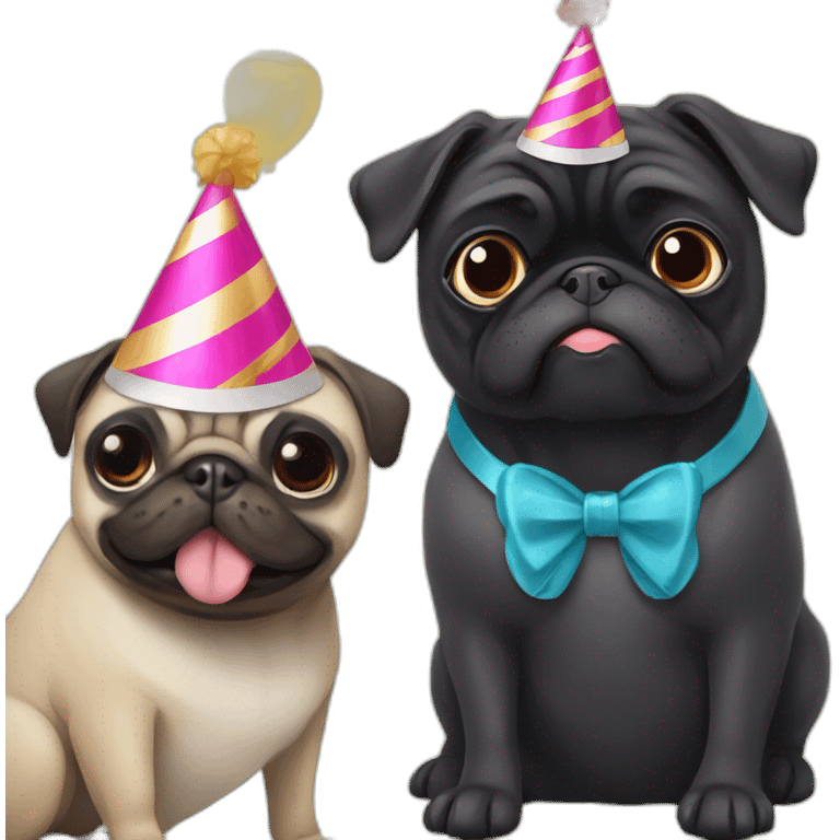 pug and black pug wearing birthday hat emoji