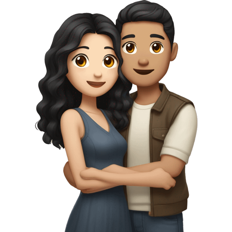 A half pale Asian man with short dark hair and amber eyes embracing and loving a half Asian woman with long wavy dark hair and dark hazel eyes. They love each other a lot And have good fashion taste. And are having a lot of fun emoji