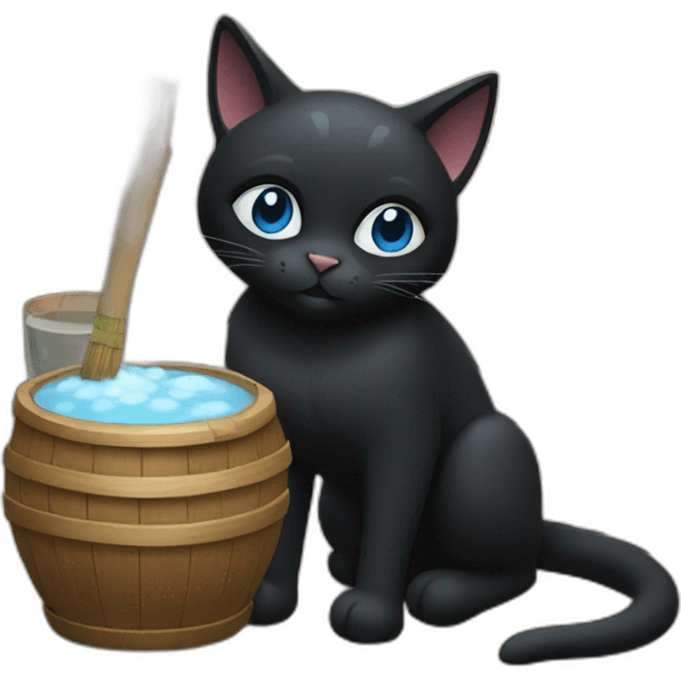 a black cat with blue eyes who sits in a village bathhouse with an oak broom and drinks kvass emoji