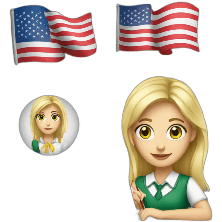 English teacher female with blonde hair and green eyes with English book with Ukrainian flag  and usa flags emoji