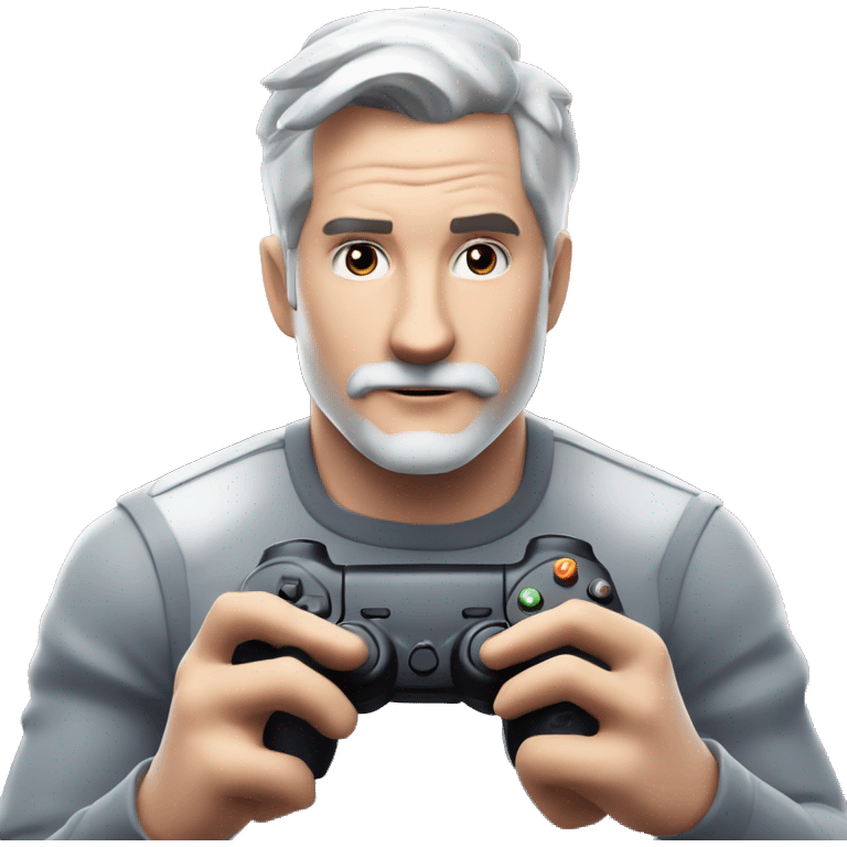 Futuristic fortnite background with a pale skin person with Grey hair and facial hair in their 40s with a game controller playing a game on a TV emoji