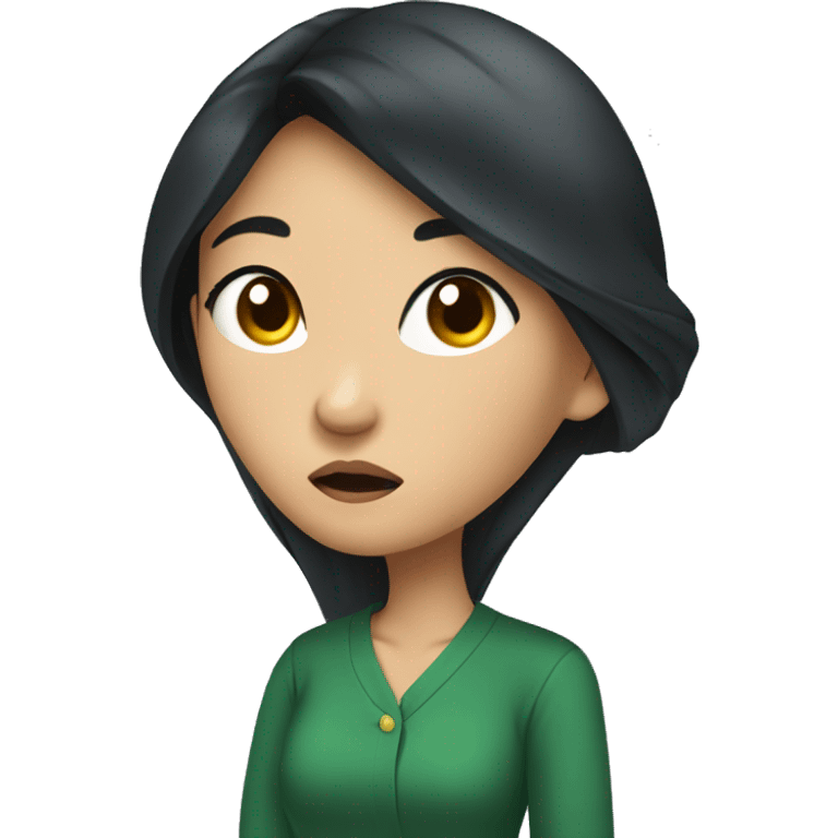 asian lady with long black hair, hoop earrings, a dark green shirt with a puzzled look on her face emoji