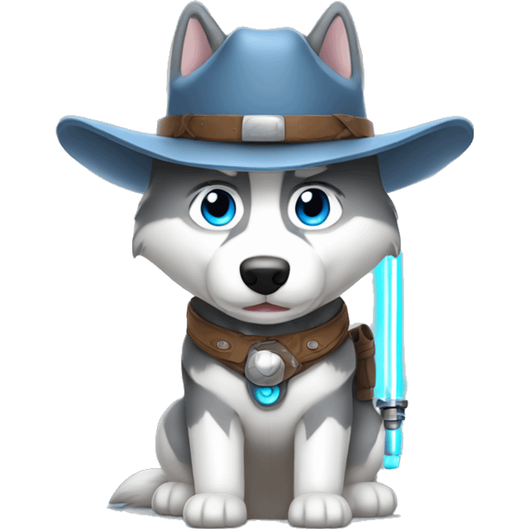 Gray Siberian Husky with blue eyes Jedi holding lightsaber cowboy hat  emoji