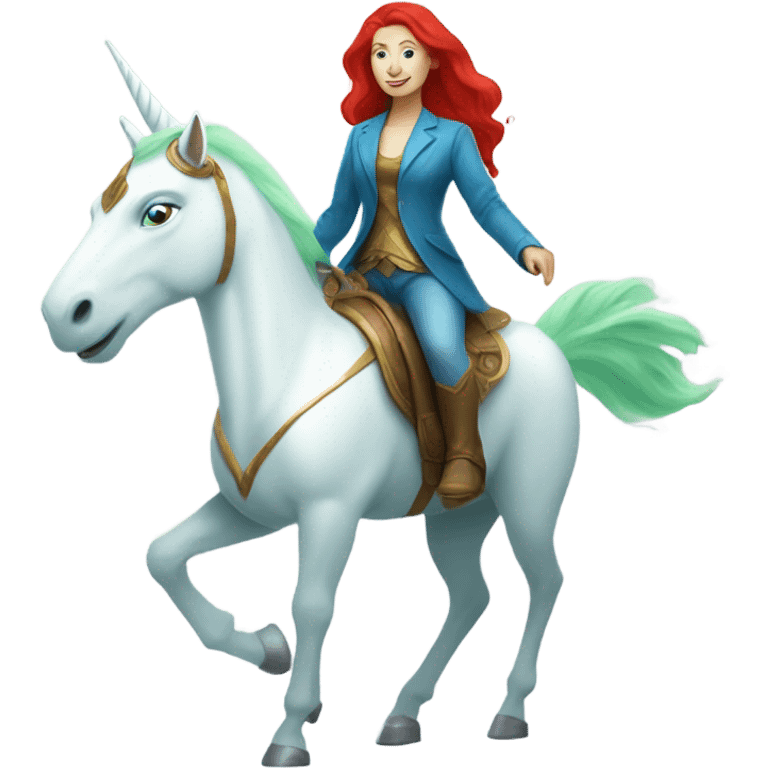 [(a light green Amazon alien woman with red hair with blue eyes) on a (four-legged white unicorn)] emoji