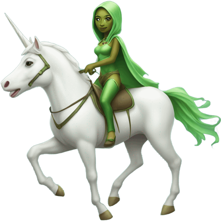 a green amazon alien woman on a four-legged white unicorn emoji