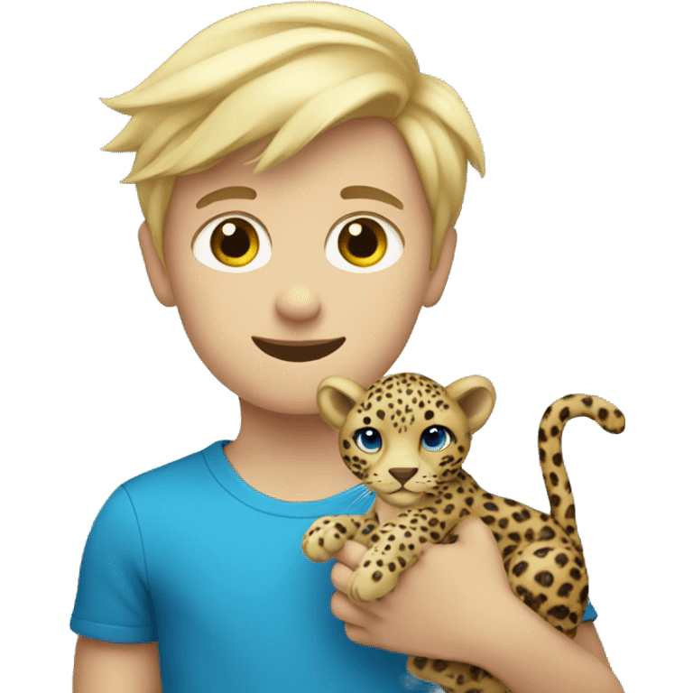 blonde boy holding stuffed leopard with blue yes emoji