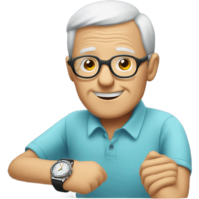 smiling elderly man in glasses looking at his watch emoji