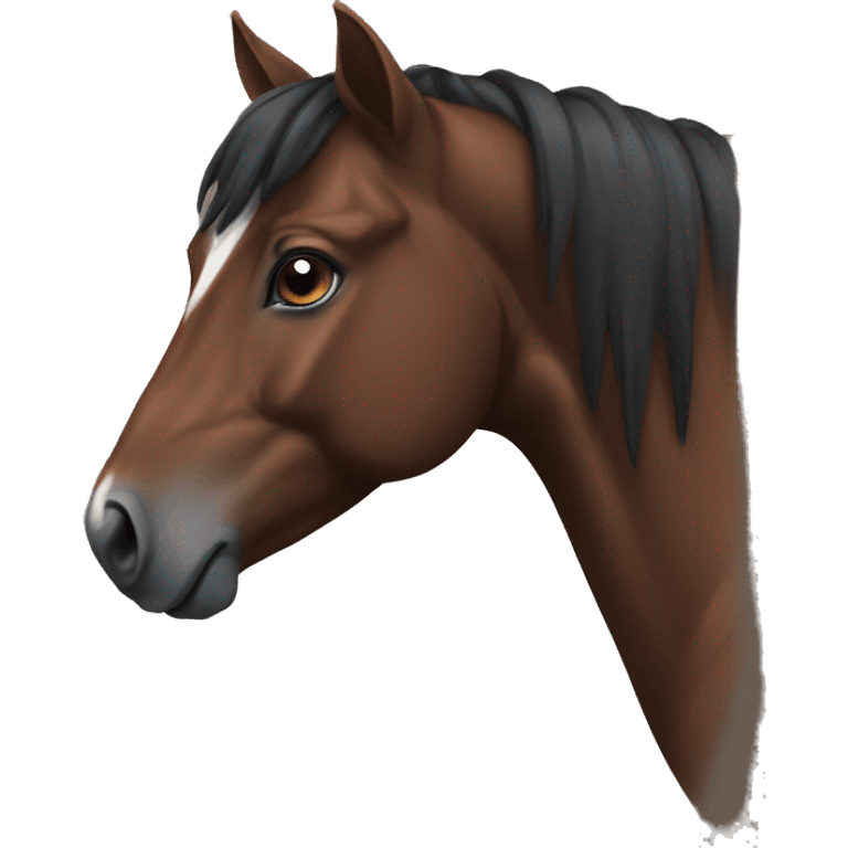 Brownish black horse with white mark on her forehead and a browner nose emoji