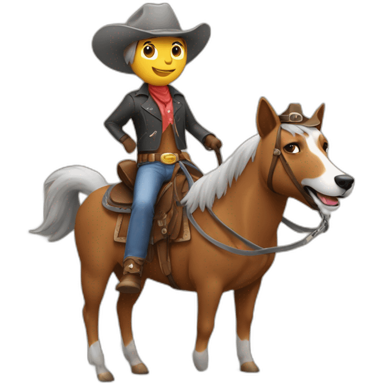 Dog wearing a cowboy hat riding a brown horse which is riding a gray cat emoji