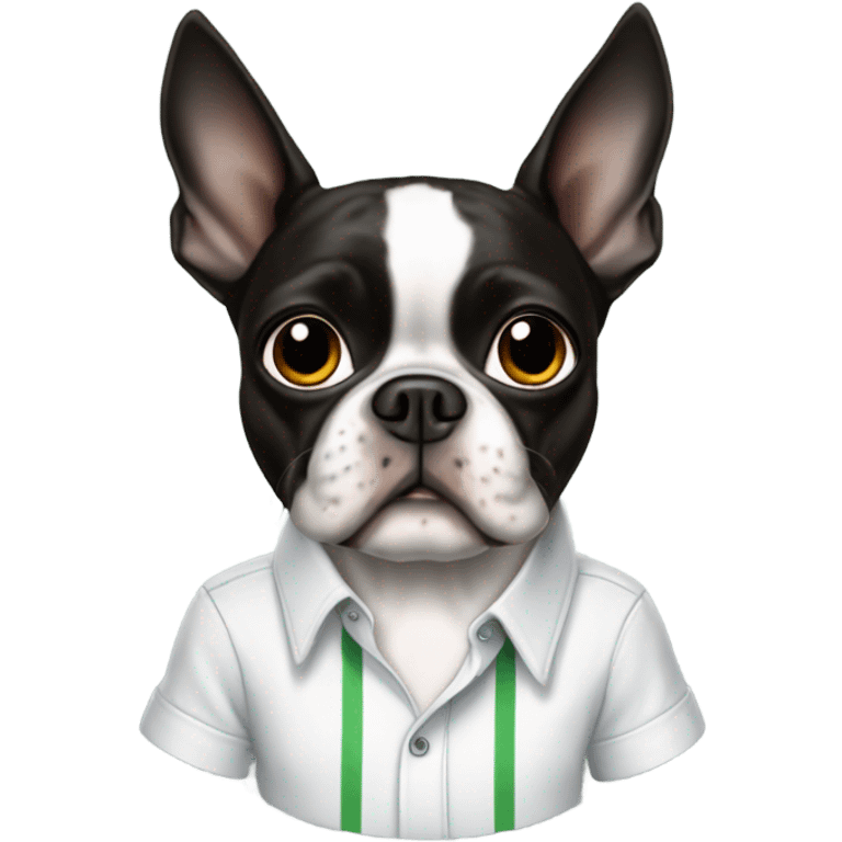 Boston terrier with a shirt that has a cricket on it emoji