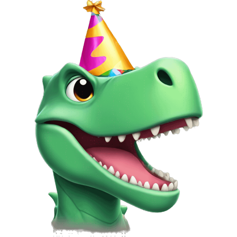 Smiling dinosaur with a party hat emoji