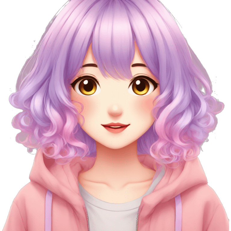 Gorgeous anime style shojo character with blushing face aesthetic and pretty colorful shiny gradient pastel hair with hair garment trending style emoji