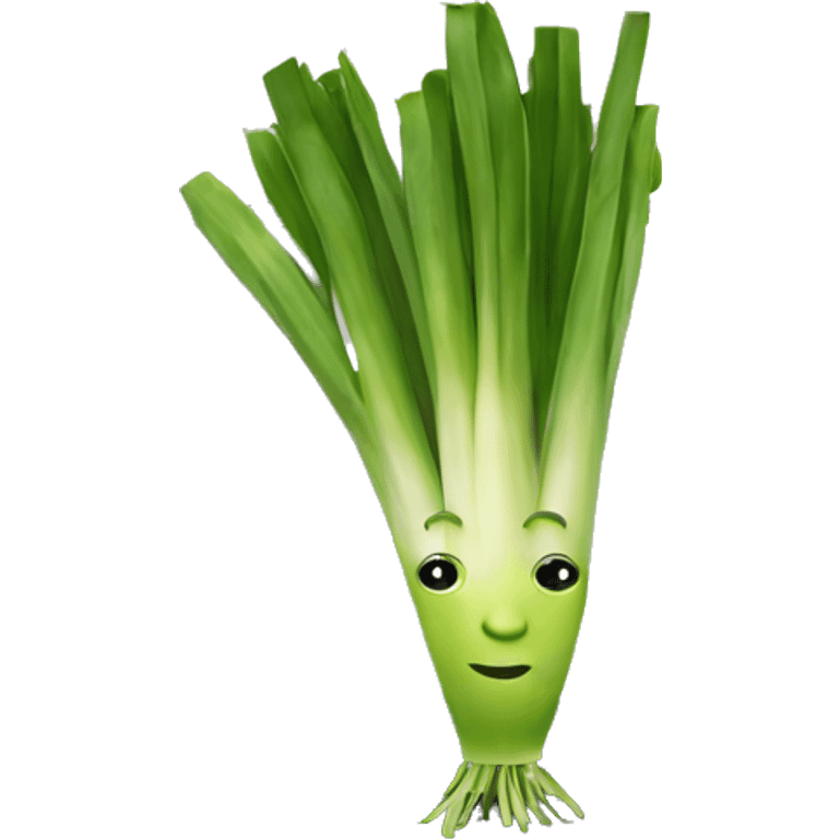 a leek with a face, arms and hands using a laptop emoji