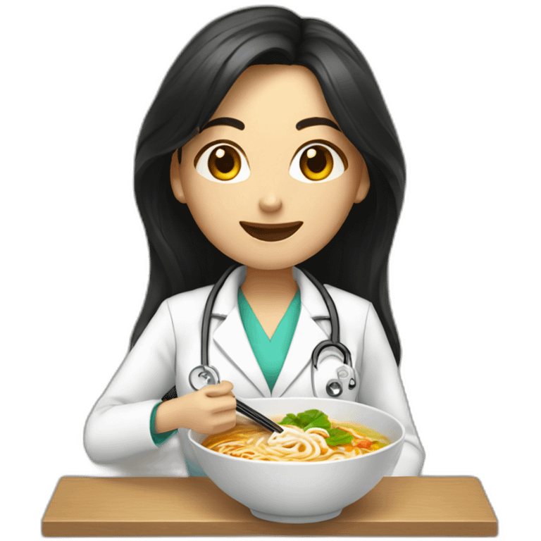 female doctor with long dark hair eating ramen bowl with thumbs up emoji