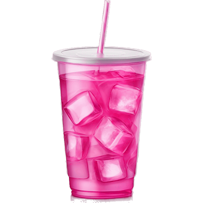 Realistic see through plastic cup and lid with half full Transluscent hot pink soda,straw and large ice cubes inside. emoji