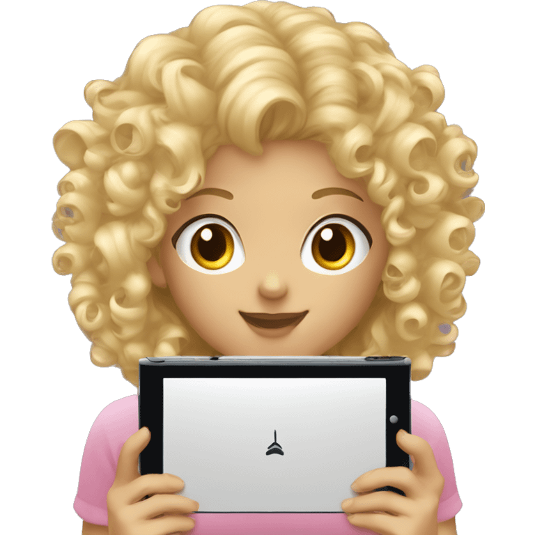 curly haired blonde and black hair girl playing nintendo ds emoji