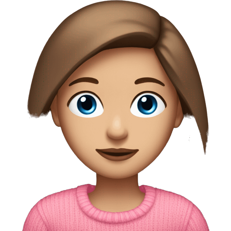 Long straight brown haired girl, blue eyes, long eyelashes, big lips, tanned skin, pink jumper emoji