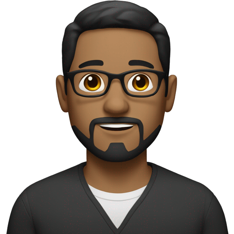 a white man with black short hair, glasses, brown eyes and a dark short mustache and a goatee. emoji