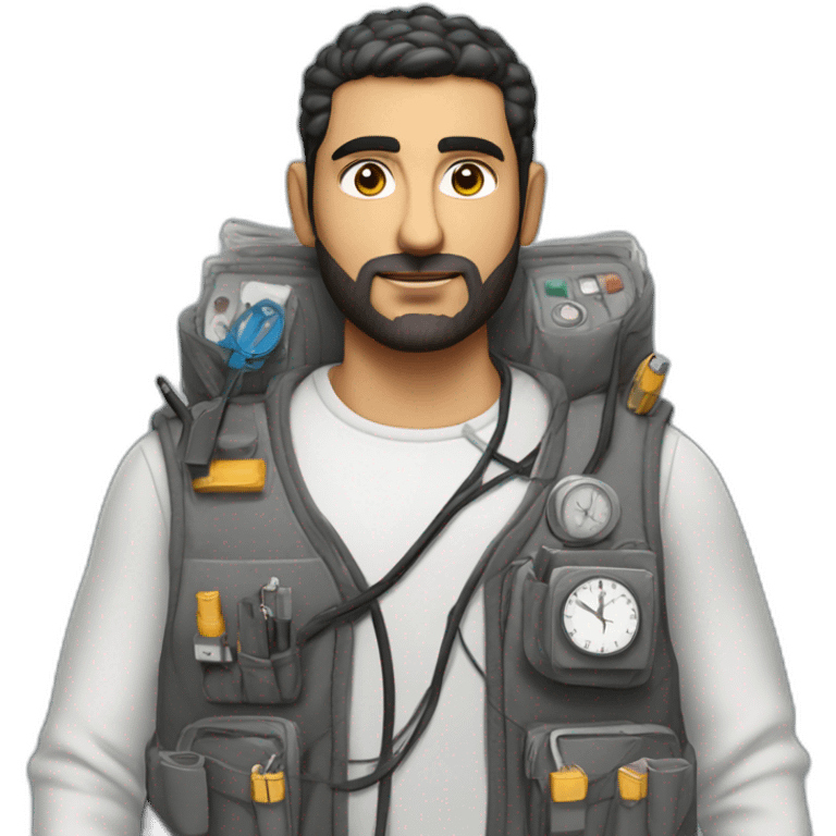 arab man in large bulky vest with many pockets with electrical wires connecting pockets and single analog clock on a pocket emoji