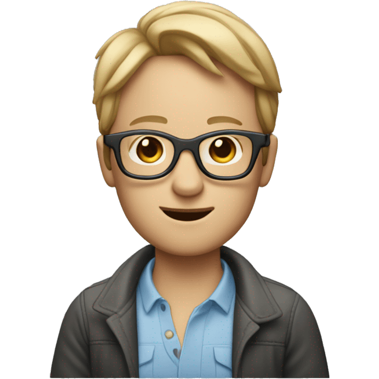 memoji of a person with a laptop, apple style, caucasian with short hair and glasses emoji