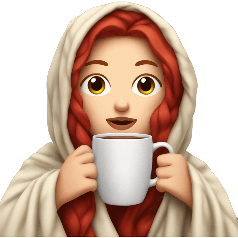 white girl with red wine hair inside a blanket sipping coffee eyes closed emoji