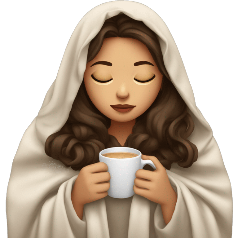 girl brunette inside a blanket sipping coffee eyes closed emoji