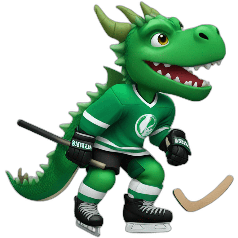 green dragon wearing a black ice hockey jersey playing ice hockey emoji