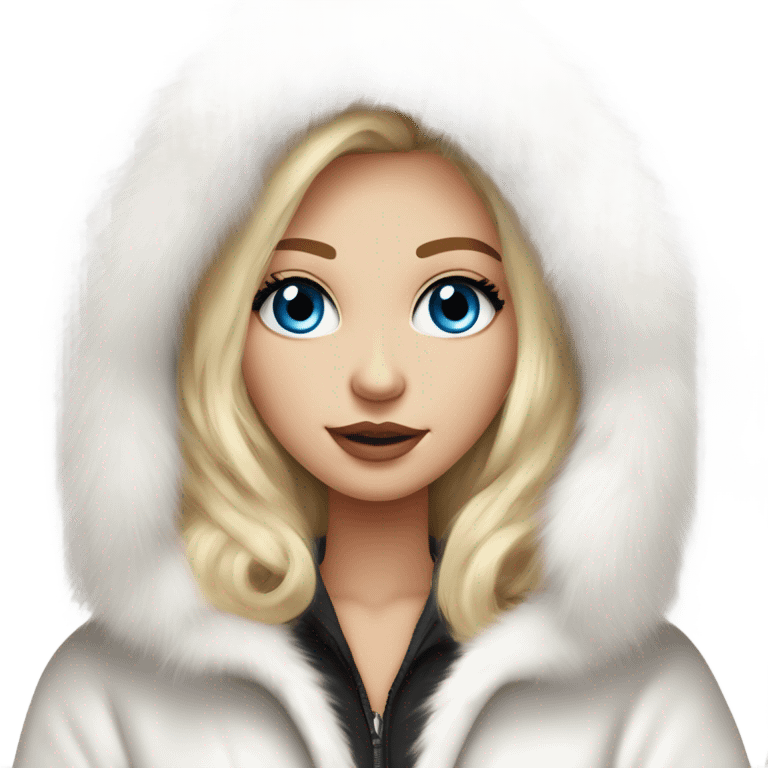 Beautiful Girl with lashes and blue eyes, blonde hair, in a extremely big fluffy oversized white fur coat with hood on. The fur is real and it’s very obvious big and fluffy  emoji