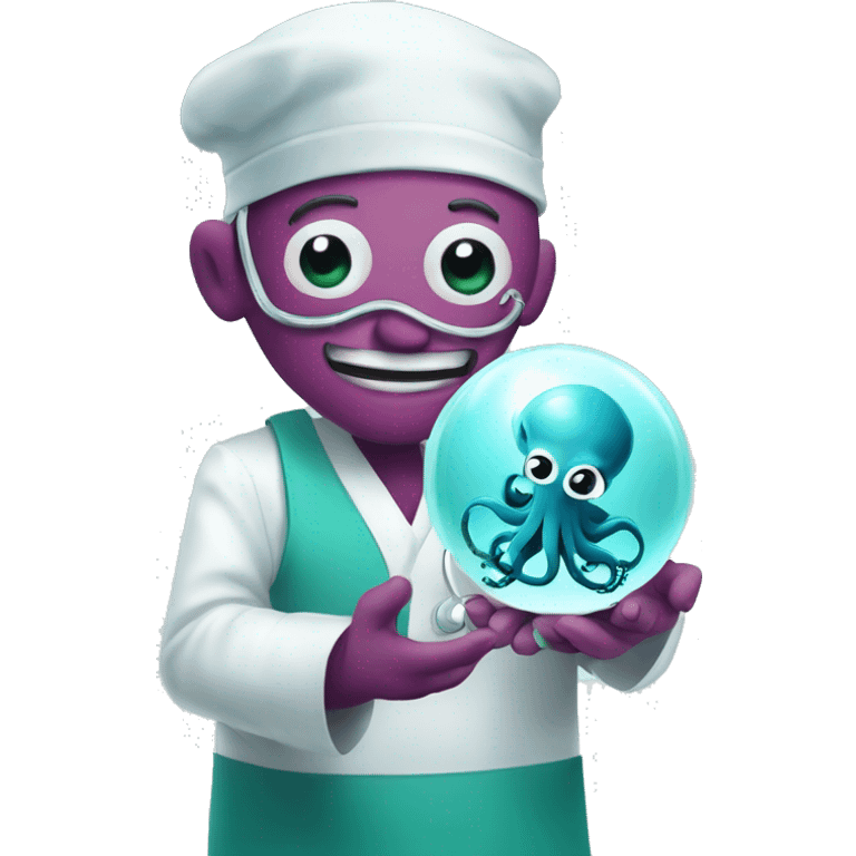 Happy octopus surgeon looking at a crystal ball emoji